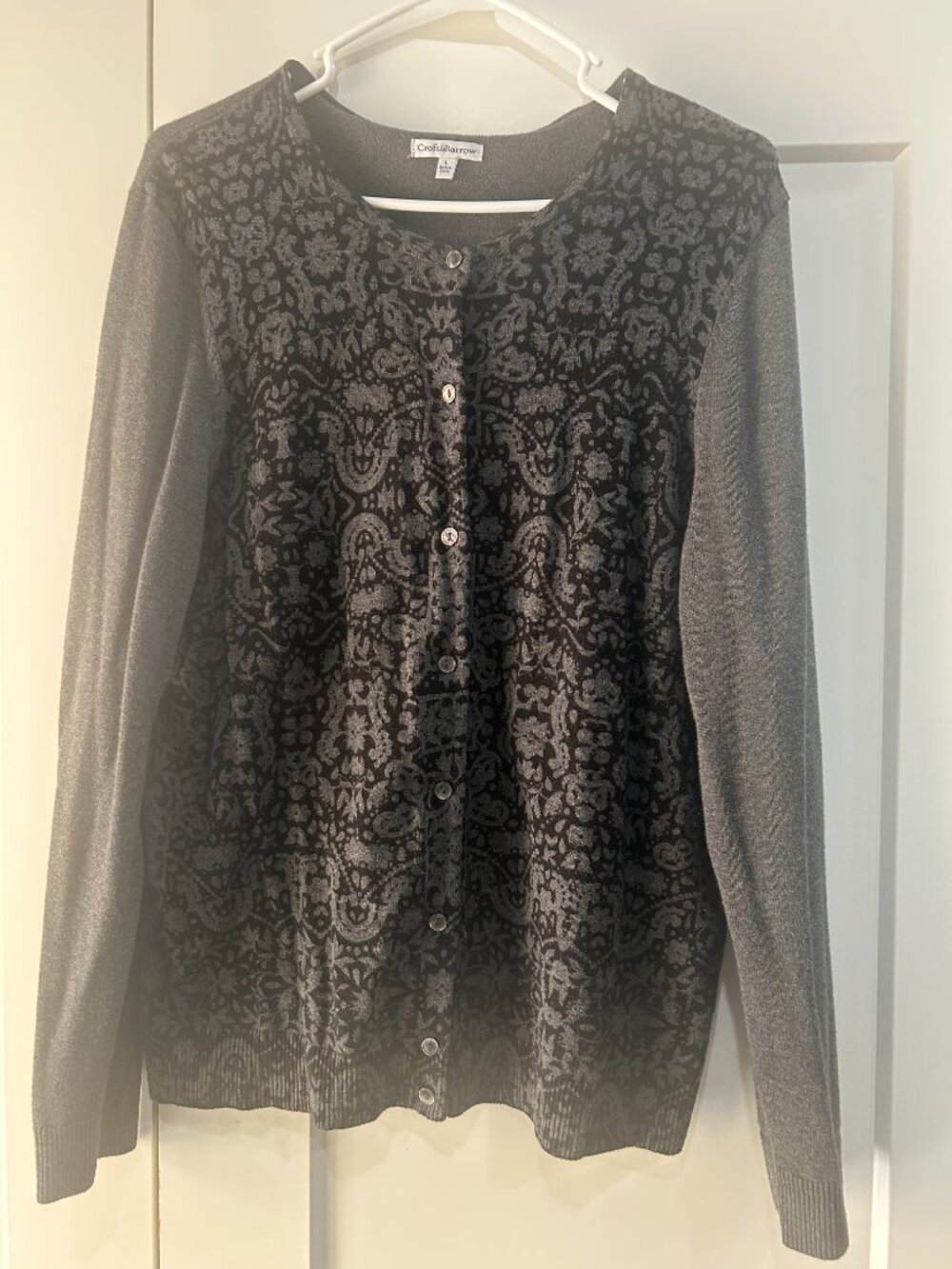 Croft & Barrow Black Gray Paisley Button Front Cardigan Women’s L
